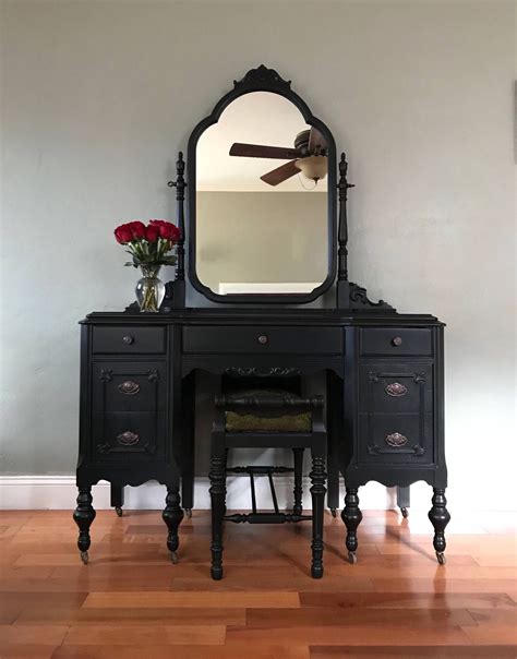 Solid Wood Amrico Makeup Vanity With Fixed Mirror and Upholstered Stool. . Antique make up vanity